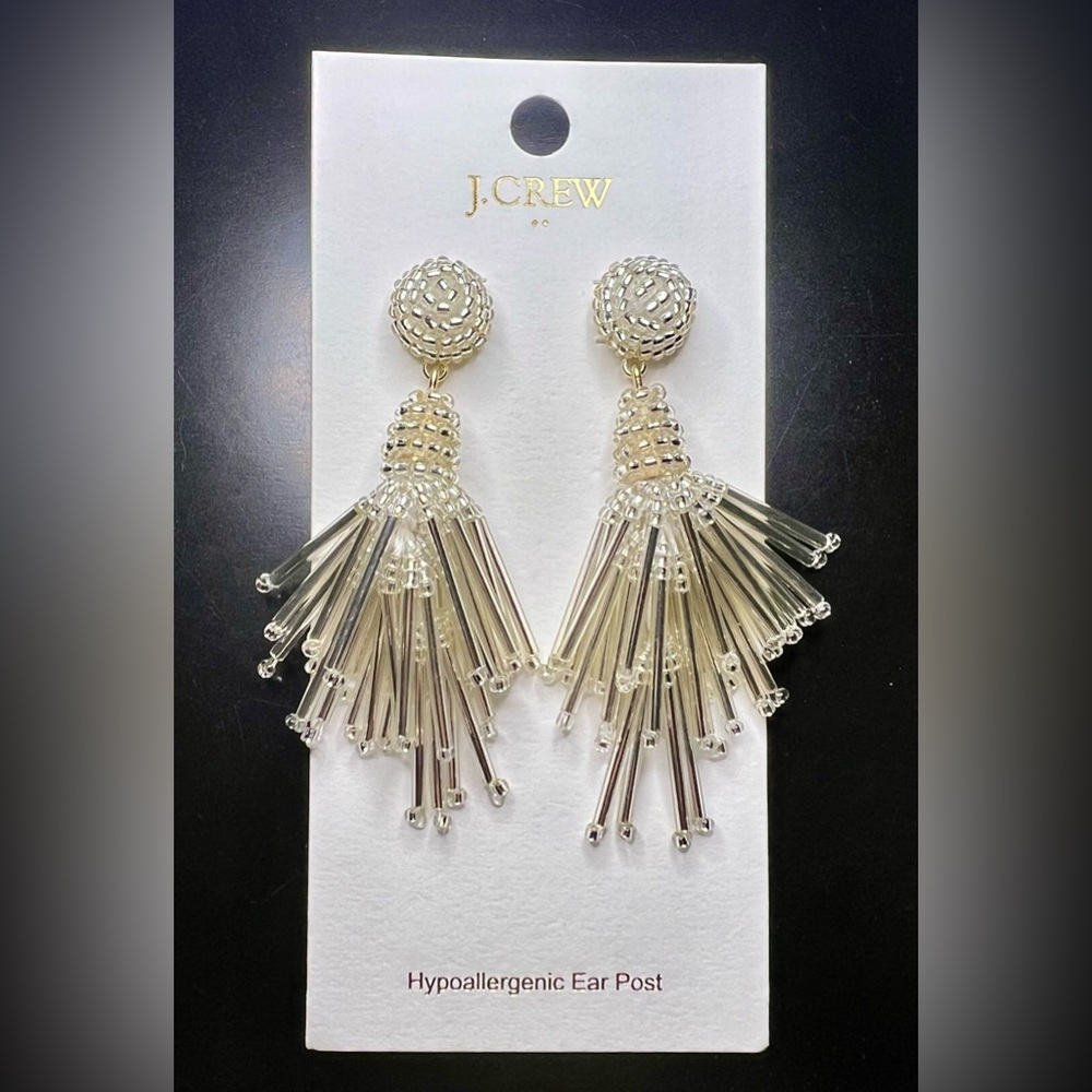 NWT J.Crew Beaded Tassel Earrings, Silver/White